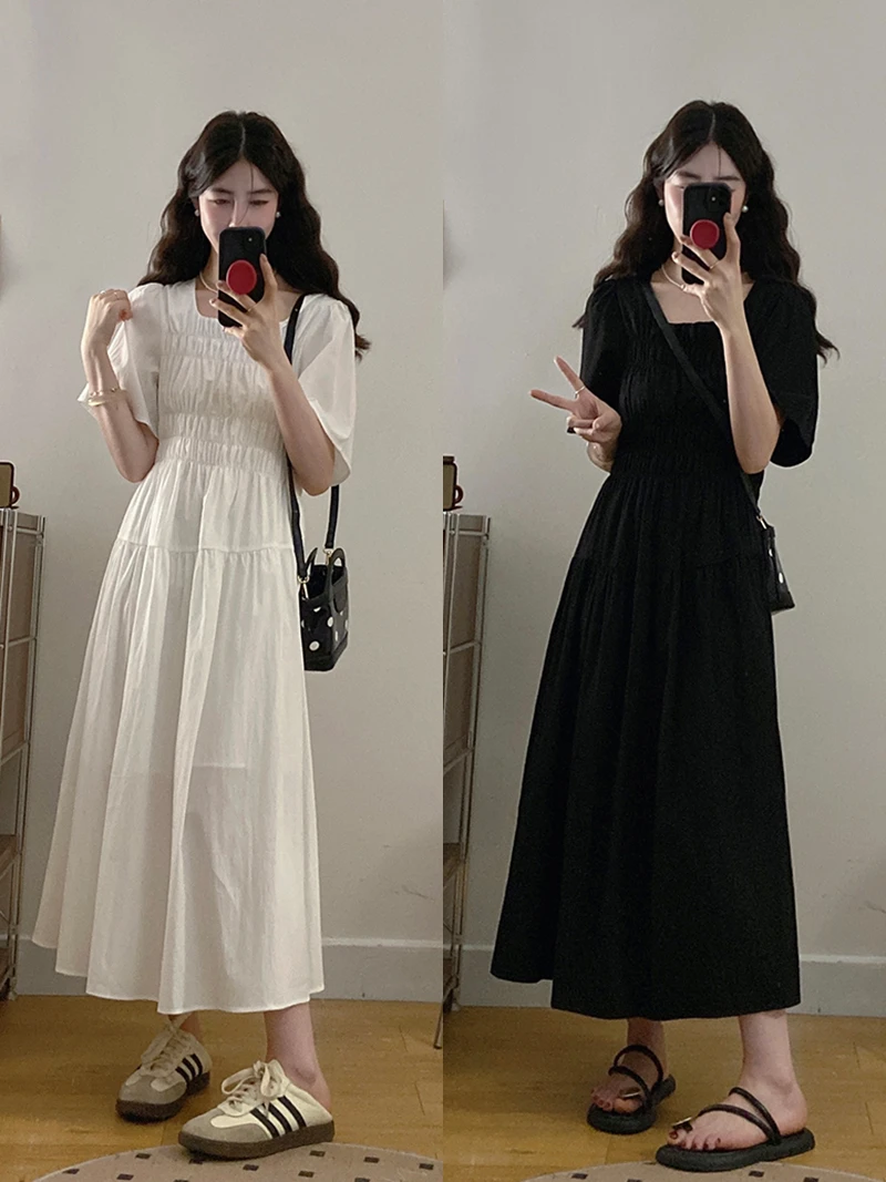 2025夏装新款胖mm大码女时尚高级感方领纯色收腰显瘦连衣裙