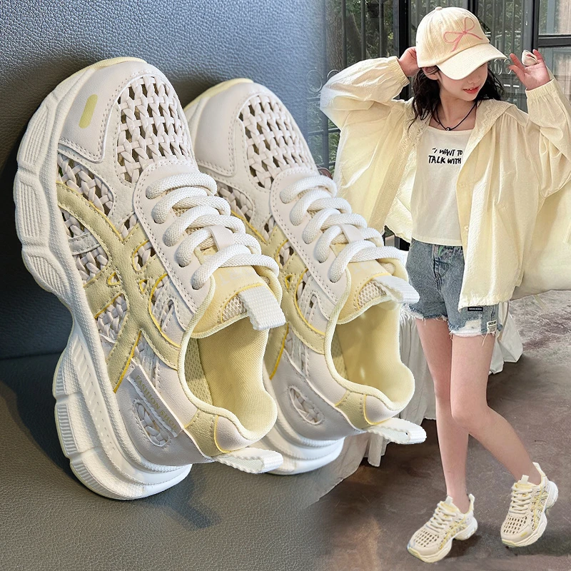女童运动鞋2025夏季新款镂空小白鞋中大童老爹鞋夏款儿童运动凉鞋