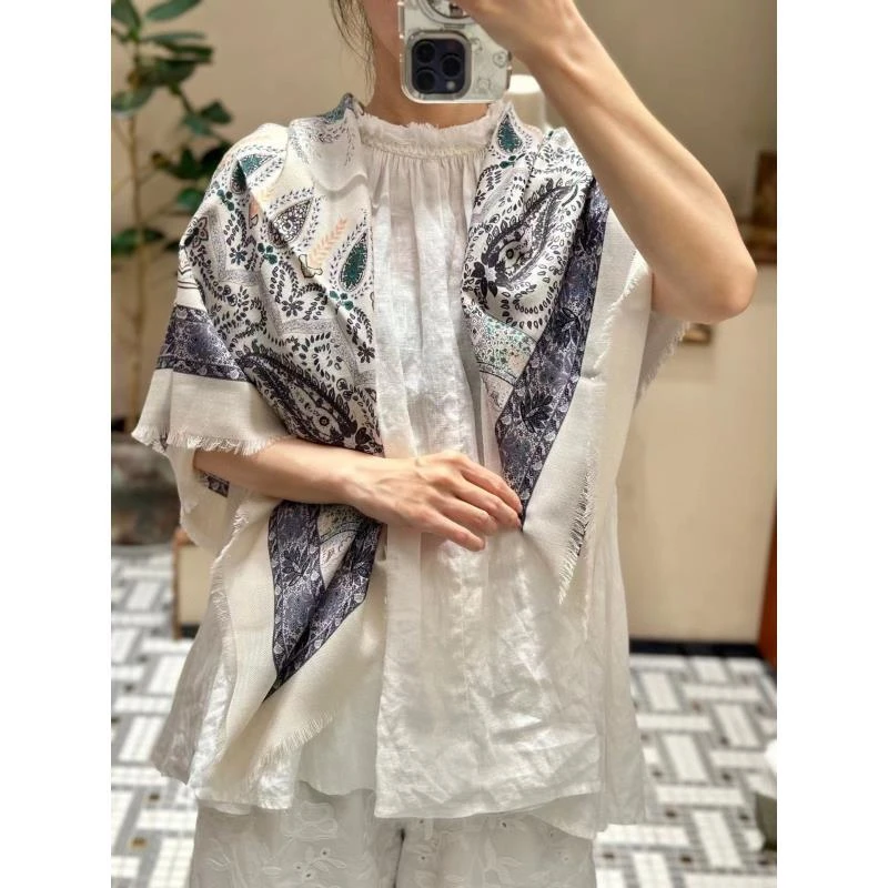 真丝羊毛lp蓝灰色复古腰果105方巾女士丝巾围巾防晒披肩外搭F276