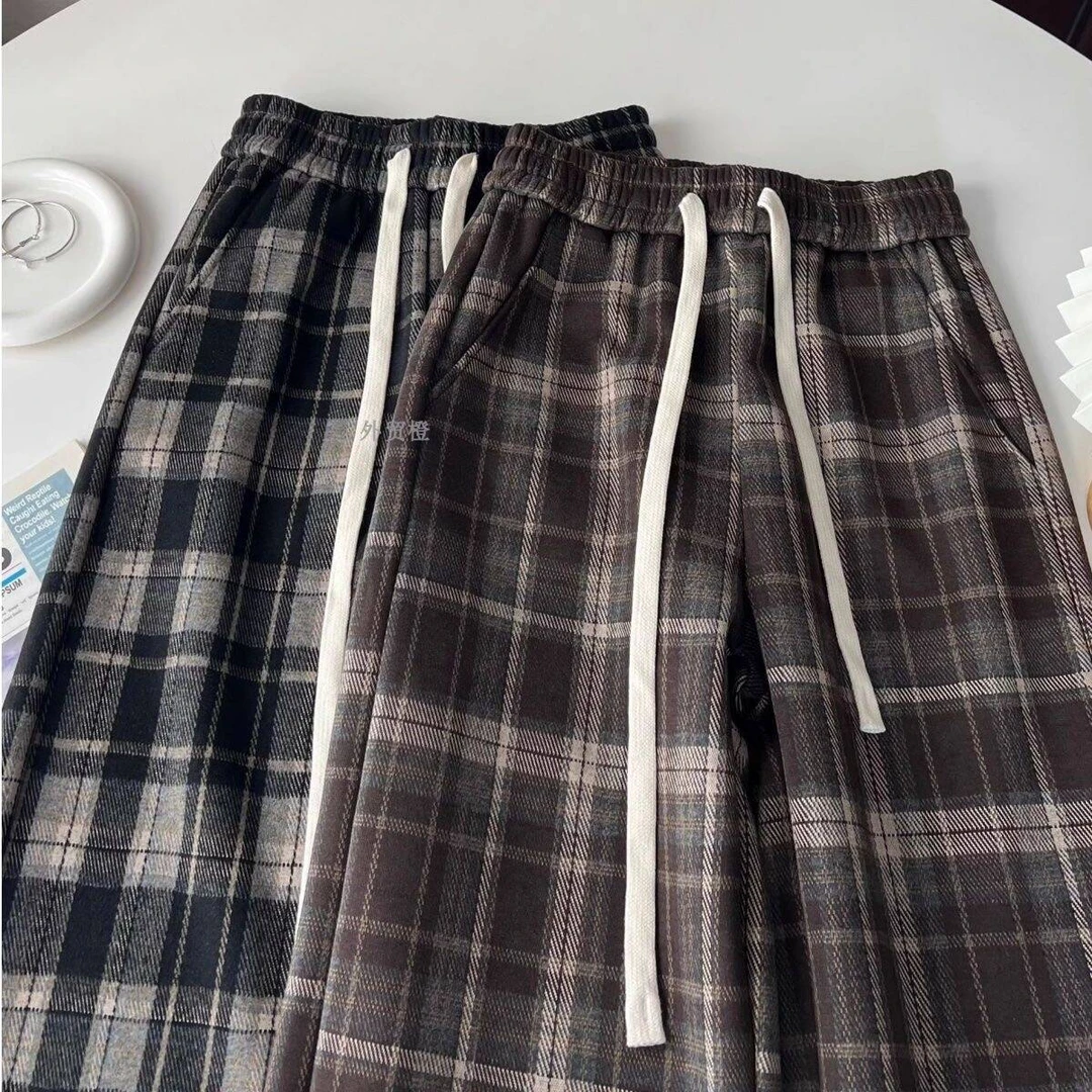 145撞色加绒格子裤女秋冬小个子加厚复古高腰垂感慵懒拖地直筒裤