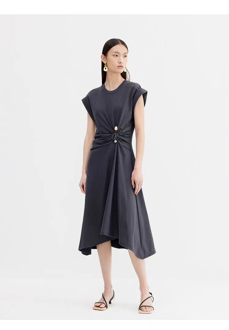 重磅桑蚕丝简约时尚气质凉感褶皱设计感修身连衣裙56033