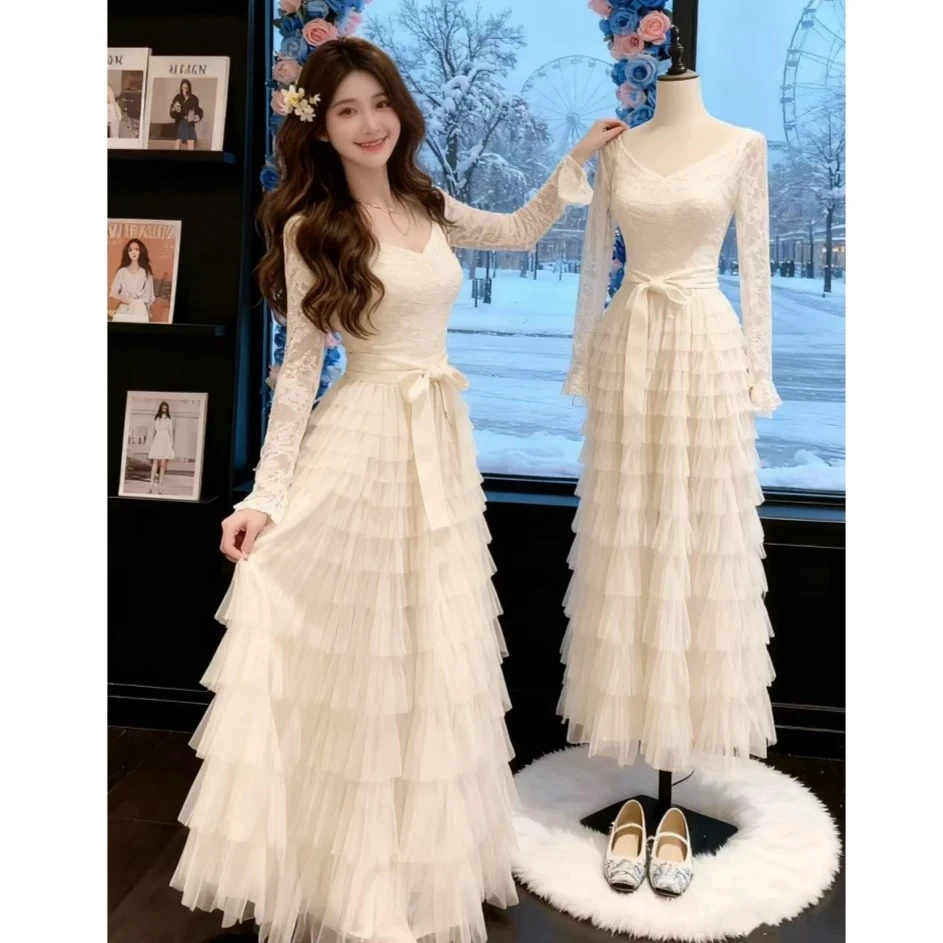 Catyears 粉荔漫舞~复古法式蕾丝蓬松蛋糕裙摆连衣裙加绒