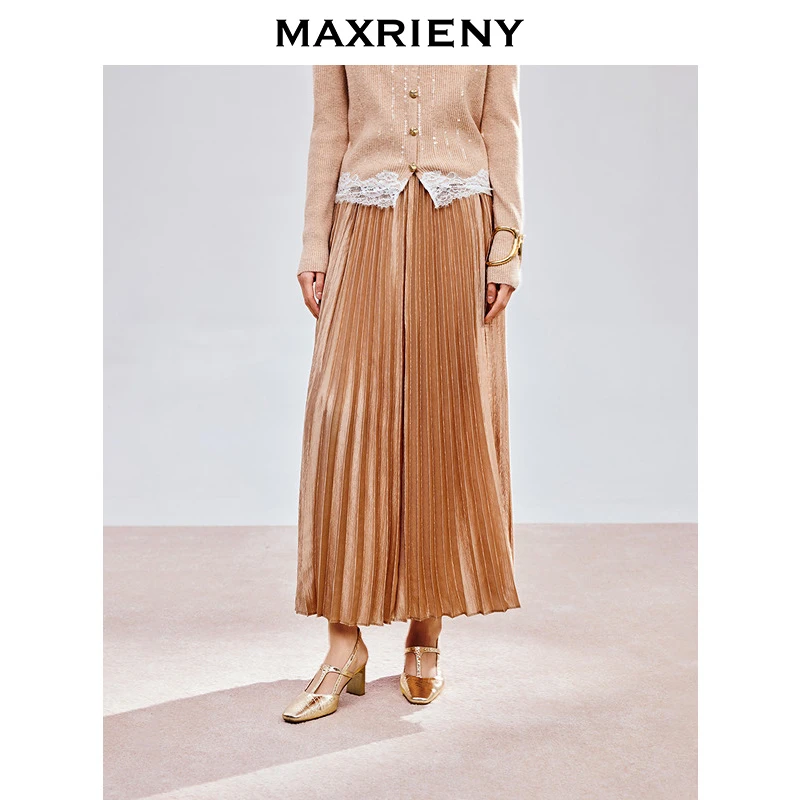 MAXRIENY柔和机能大裙摆褶裙高腰半裙25秋新款收腰显瘦气质长裙