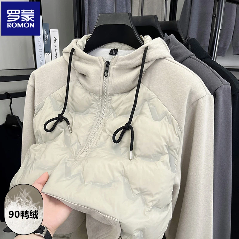 【90鸭绒】罗蒙秋冬季男士保暖连帽羽绒服舒适加绒潮流百搭卫衣外套