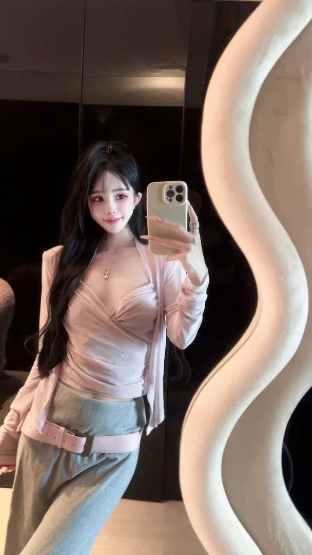 轻纱拼接吊带开衫两件套纯欲风长袖上衣女