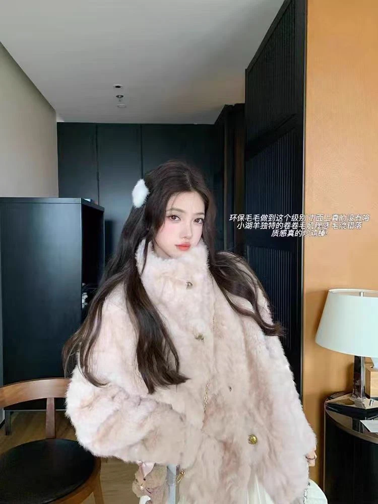 冬日立领翻领加厚毛毛环保羊羔毛胡羊毛短款皮毛一体外套
