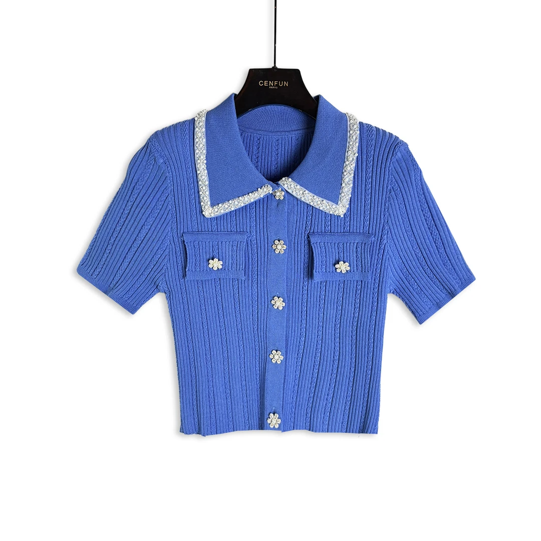【CENFUN】476*2025夏季兰色polo领设计重工法式针织女上衣A22136