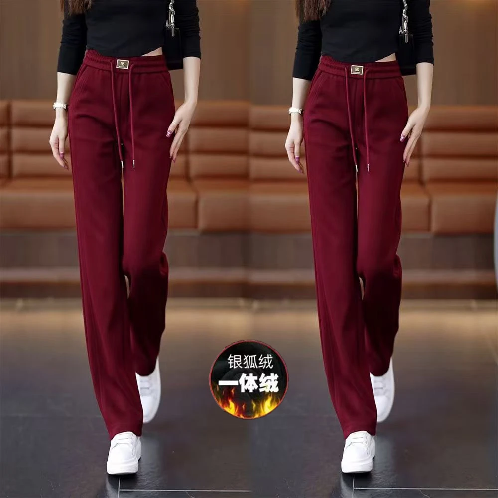安可拉红不加绒加绒秋冬季爆款梧桐阔腿裤女高腰显瘦直筒休闲裤女