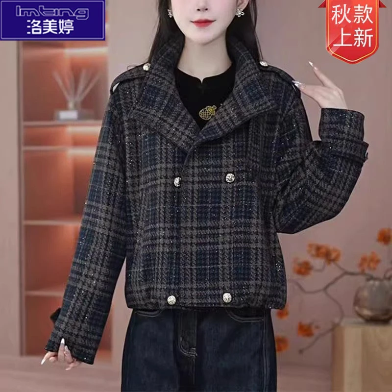 时尚百搭翻领短款休闲女士格子外套2025外套女秋季外套减龄长袖衣