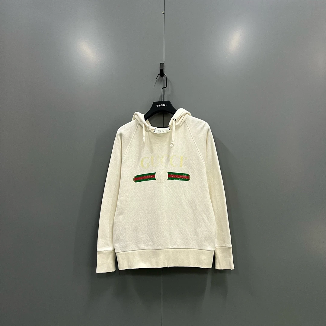 95新 GUCCI/古驰 zz1 米白色GG条纹帽衫 XXS码/607007
