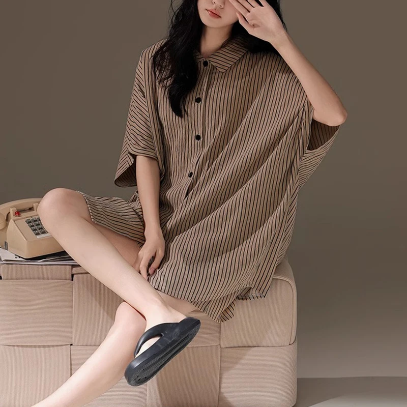 艾唯绅2025年衬衫短袖睡衣女夏季宽松条纹大码爆款复古家居服套装