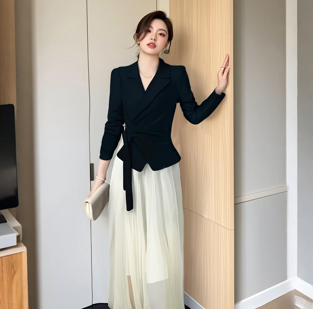 【V】【两件套】有内衬春季新时尚百搭女神大裙摆上衣+半身裙D0481