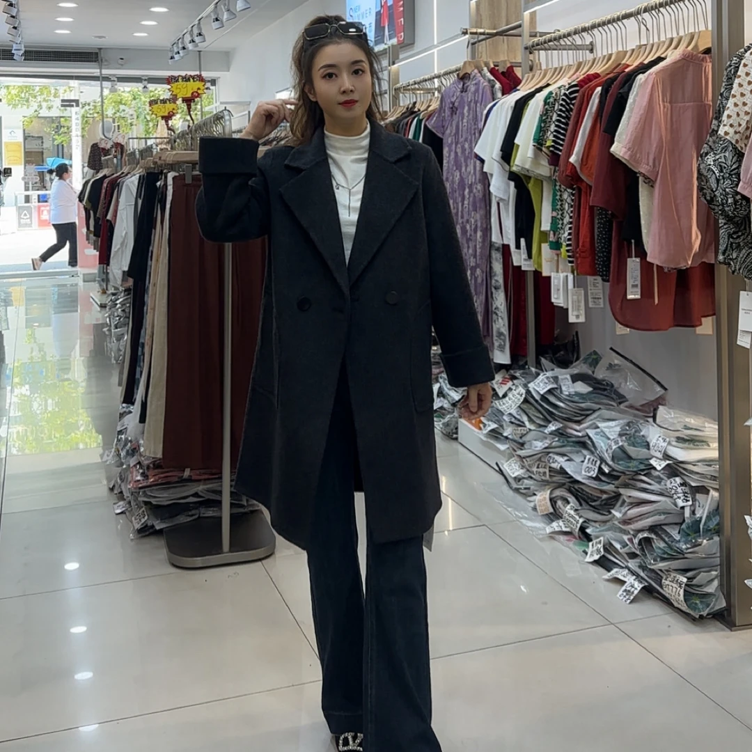 通勤时尚西装领双面大衣女简约气质中长款百搭外套