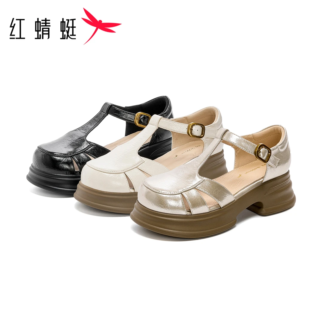 红蜻蜓女士夏季高跟百搭休闲复古罗马风镂空透气圆头厚底时装凉鞋