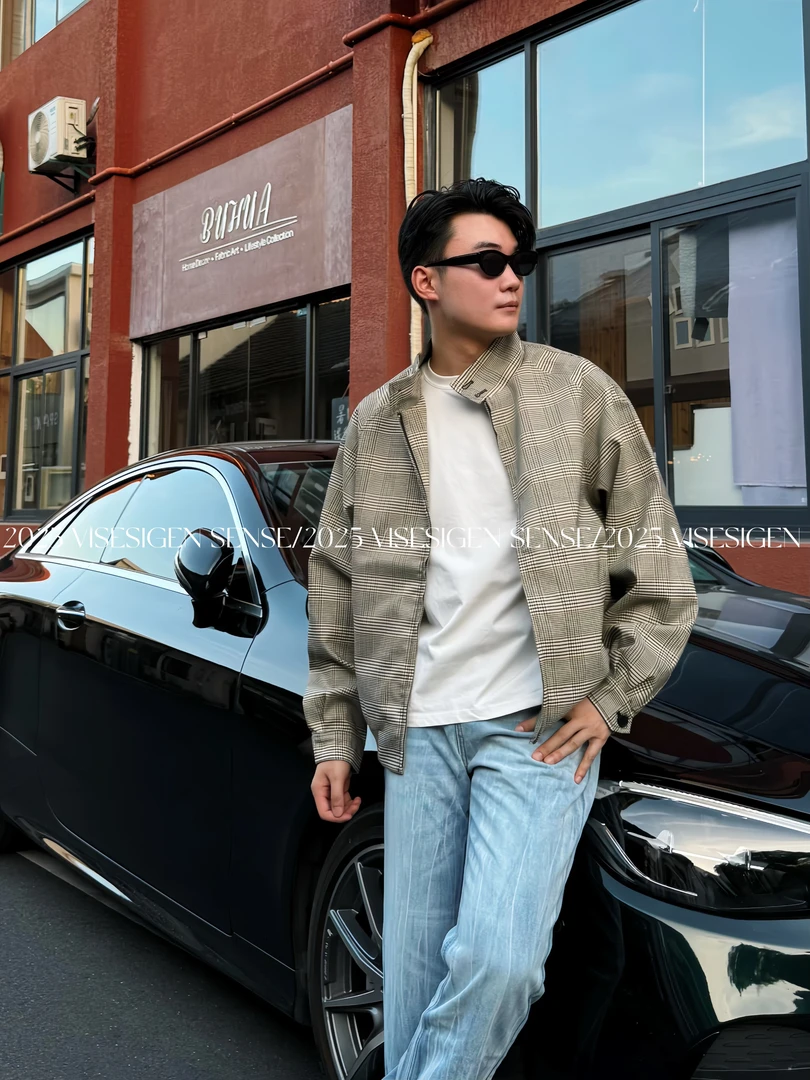 VISESIGEN【高智感】老钱风千鸟格哈灵顿夹克复古休闲立领美式外套