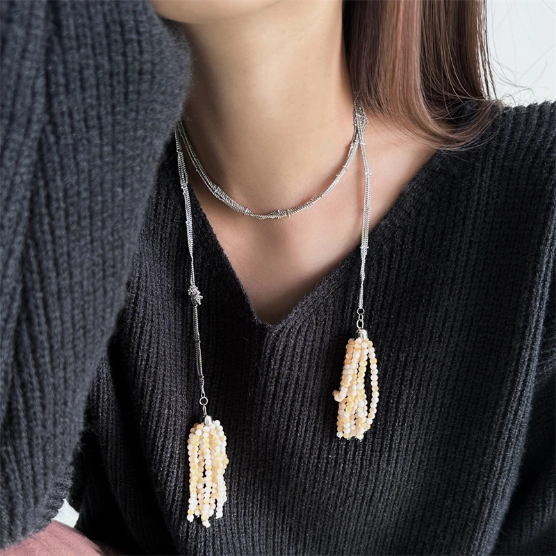 合金项链 X6067-1长款麦穗珠珠流苏项链气质时尚百搭小众ins风