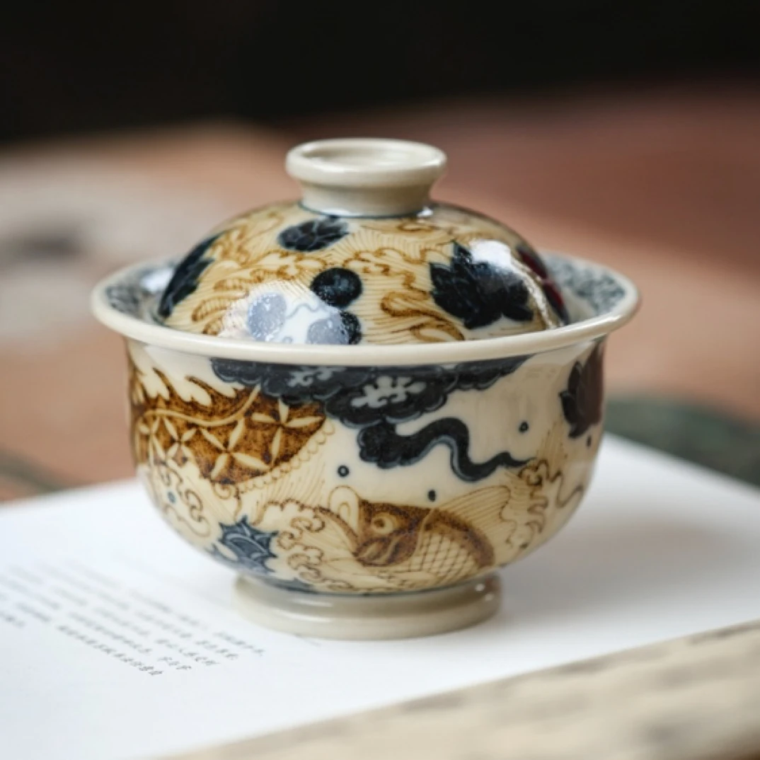 溪雨山坊 釉里金鱼化龙盖碗纯手工