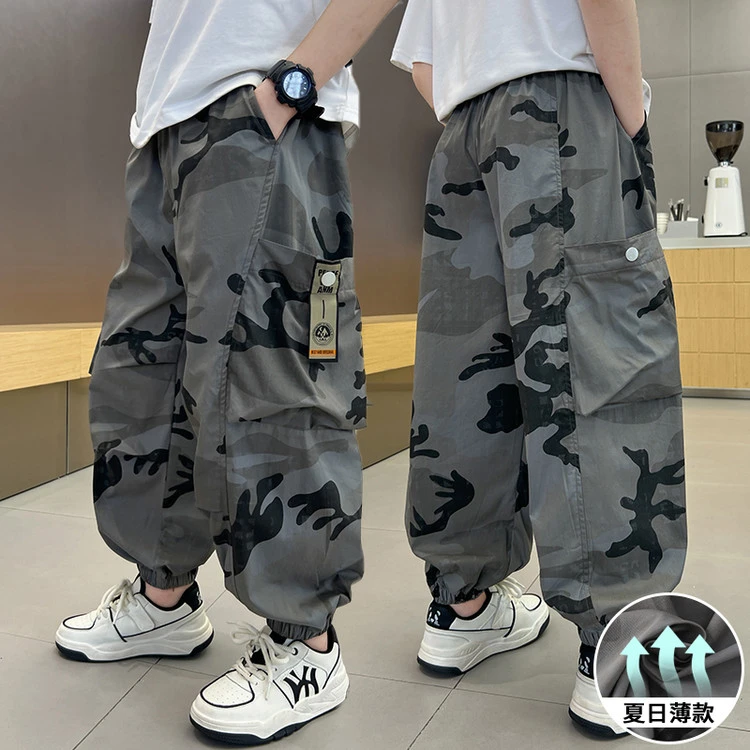 【夏季薄款】男童工装迷彩裤中大童贴标时髦痞帅潮酷儿童休闲裤洋气