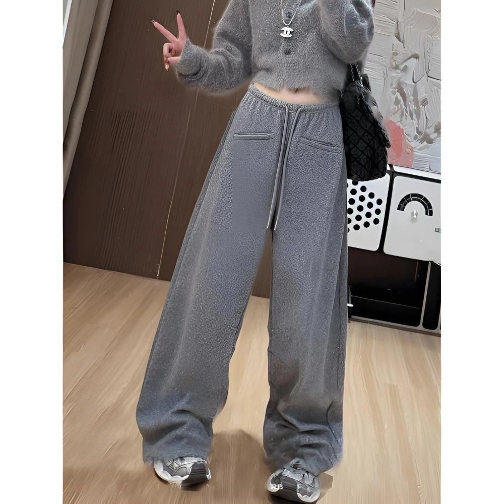 慵懒感百搭灰色松紧腰设计感显瘦休闲卫裤秋季新款阔腿运动长裤子