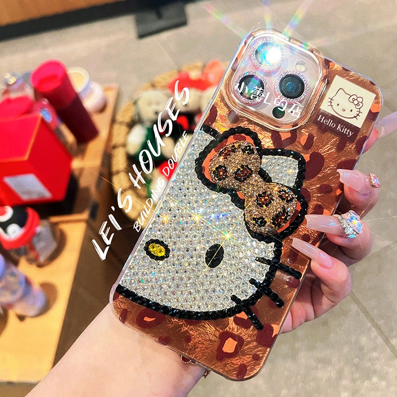 豹纹蝴蝶结kitty水钻13手机壳15pro适用16promax华为防摔14可爱12