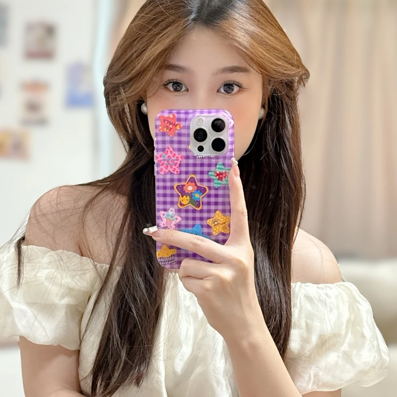 紫色格纹星星适用iPhone16promax手机壳苹果14网红15pro可爱1312