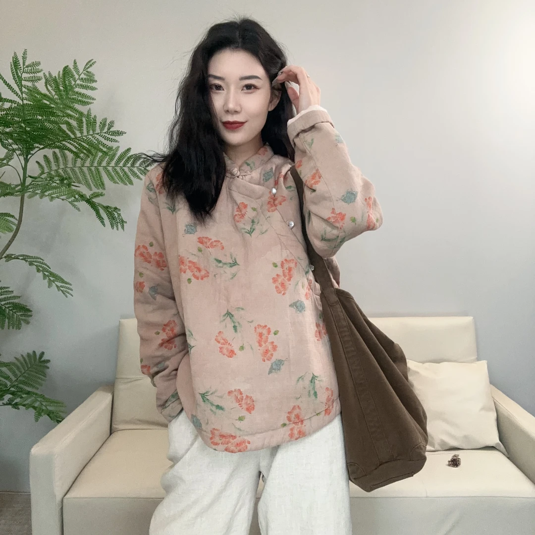 中式复古斜襟手工盘扣长袖加棉冬季小衫秋冬款民族风-9016