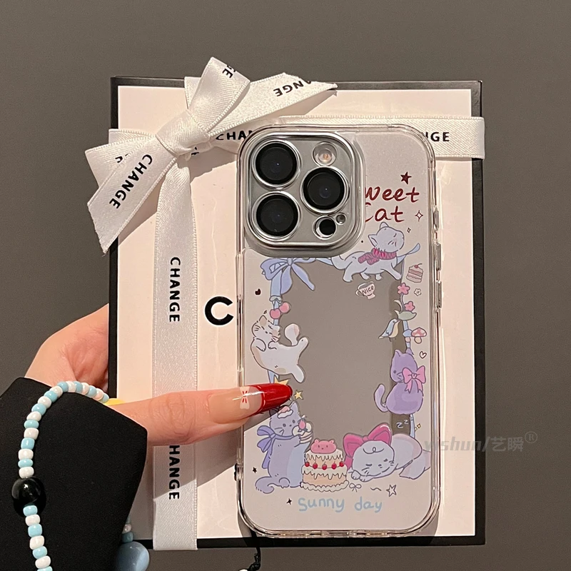 蛋糕蝴蝶结小猫围边镜子适用iPhone16ProMax手机壳补妆镜面苹果15