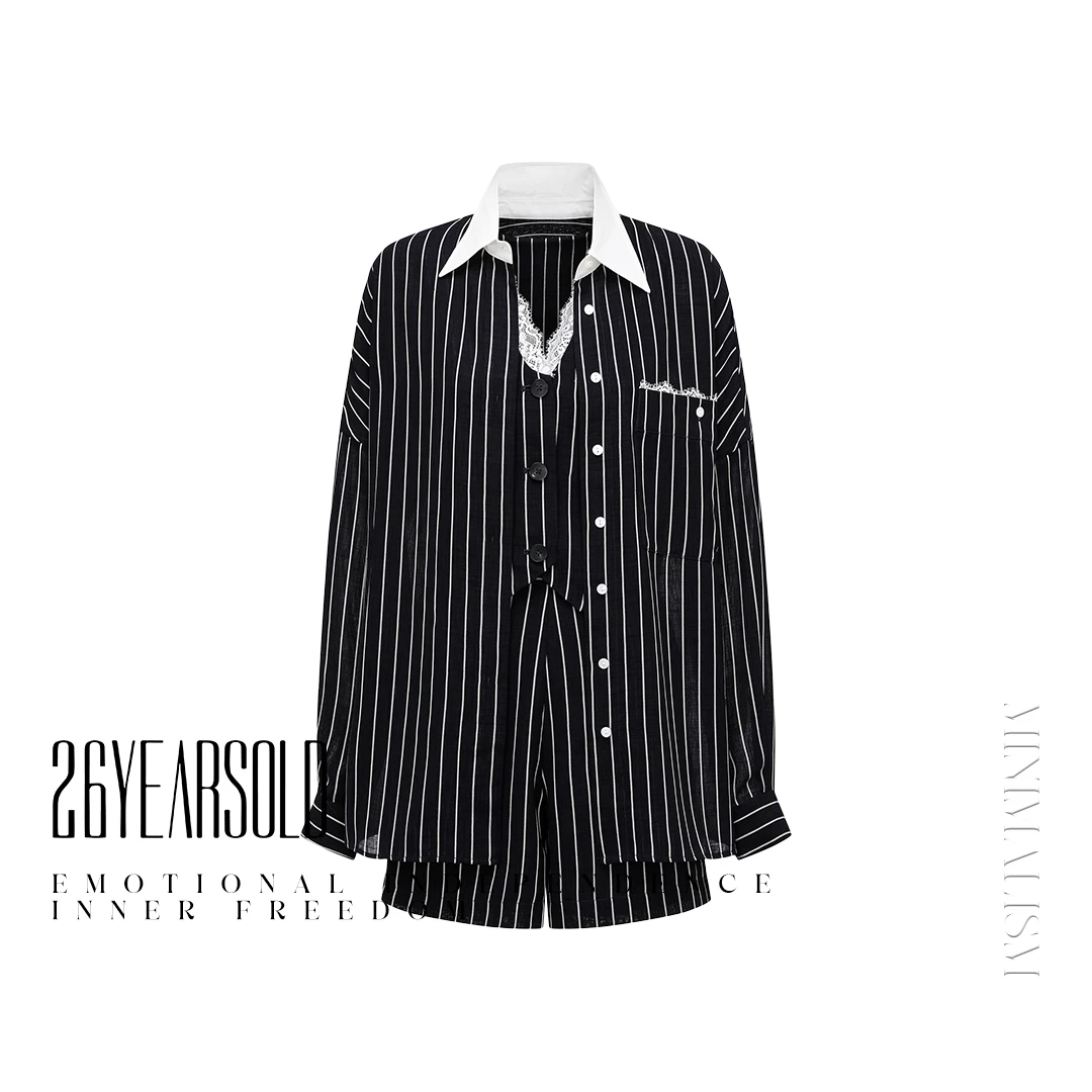 26YEARSOLD条纹轻奢宽松百搭长袖衬衫马甲短裤三件套25SS-3185W