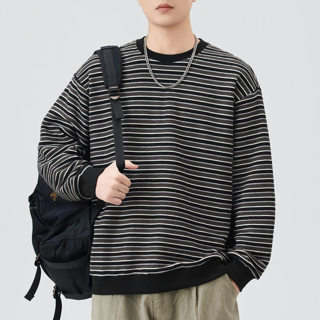 条纹卫衣男生2025新款宽松休闲男装上衣秋冬季圆领套头潮流外套男