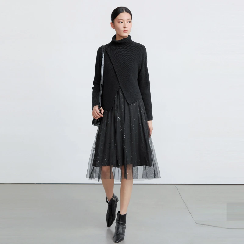 圣迪奥女装时尚气质显瘦高领网纱针织连衣裙套装S223Z1491