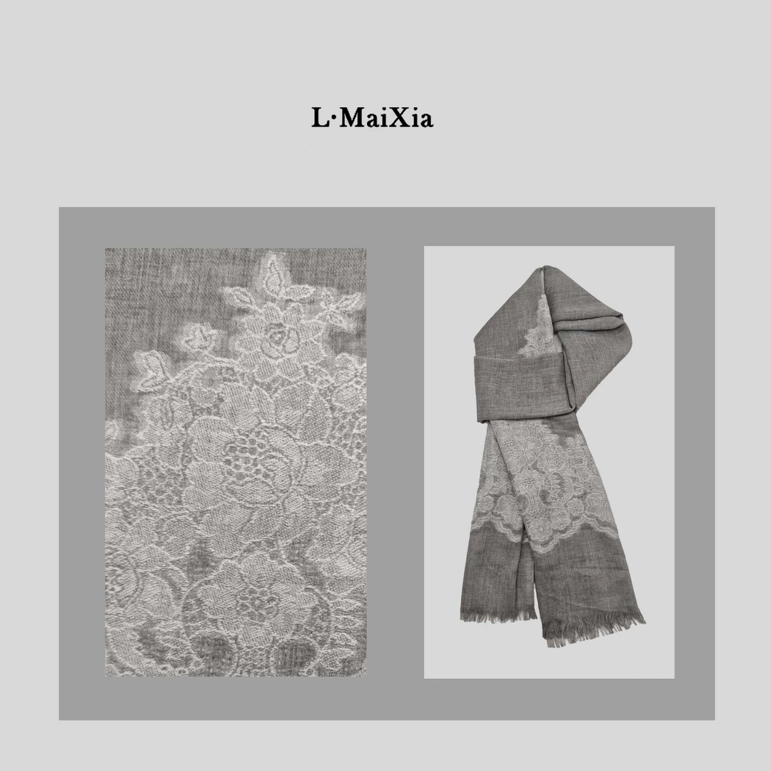 L.MAIXIA/露玛莉先女士复古浅灰花长丝巾LX-58073