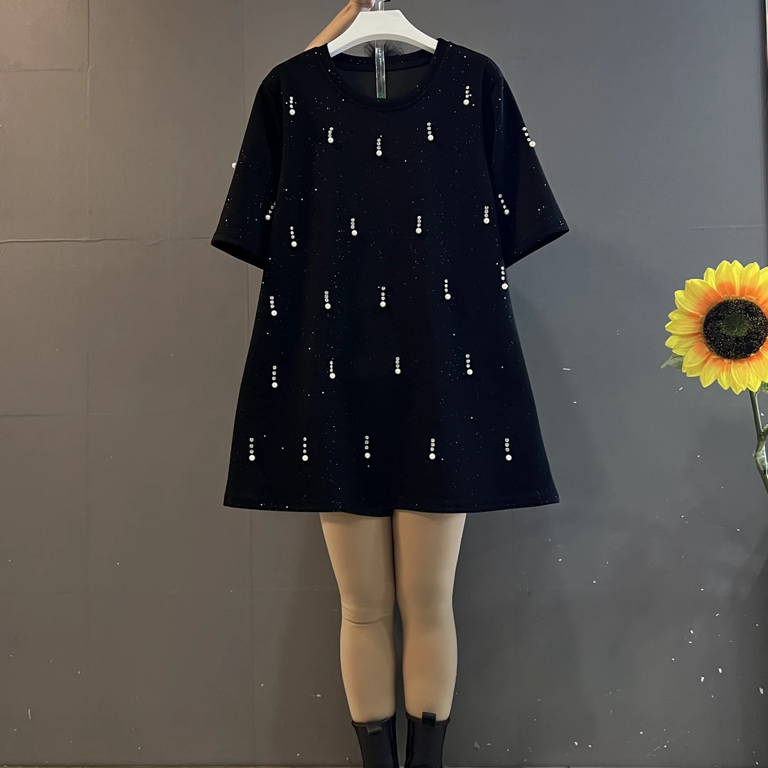 新款时尚重工钉珠圆领短袖宽松显瘦中长款T恤上衣