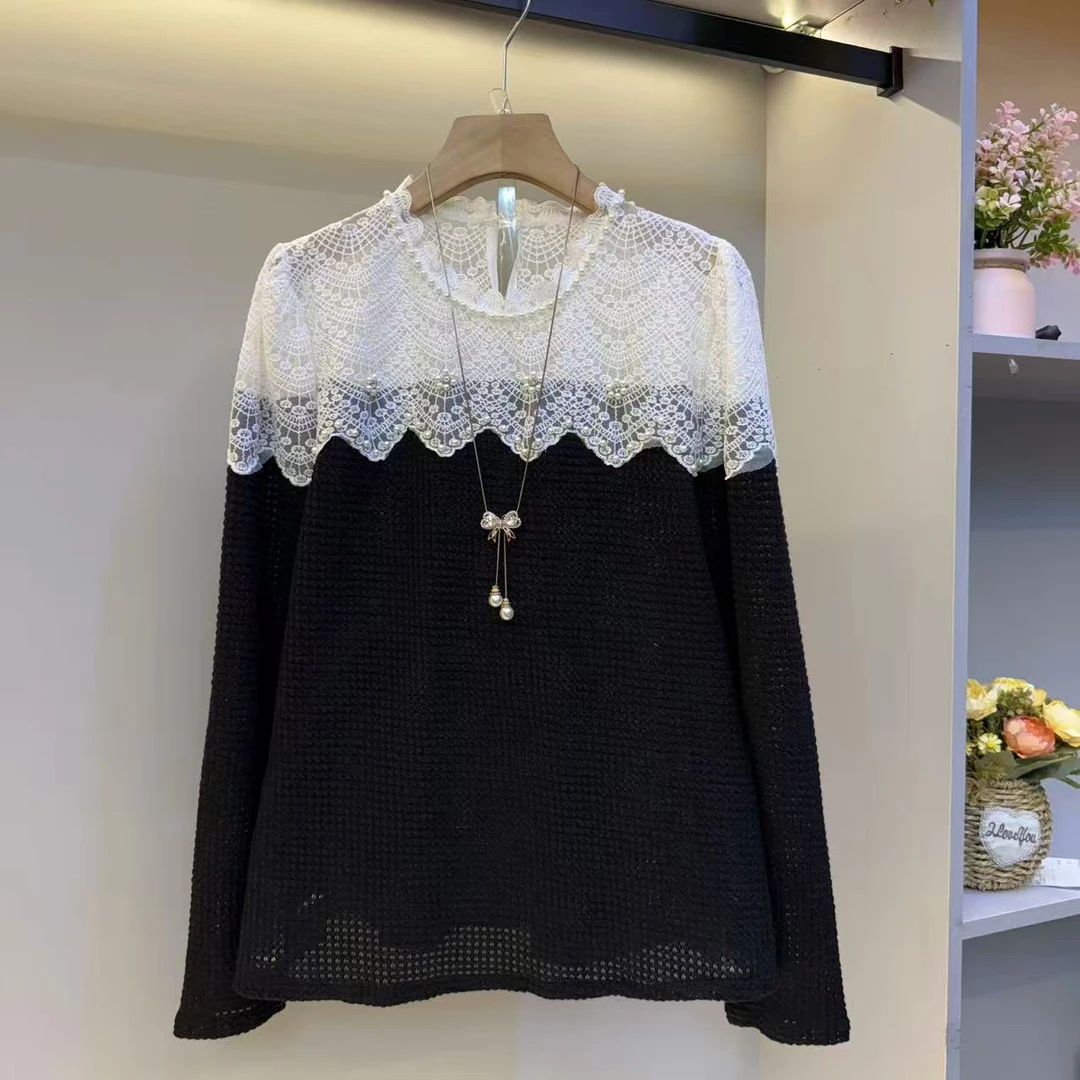 圆领拼接衣时尚常规款气质长袖纯色套头女人衫