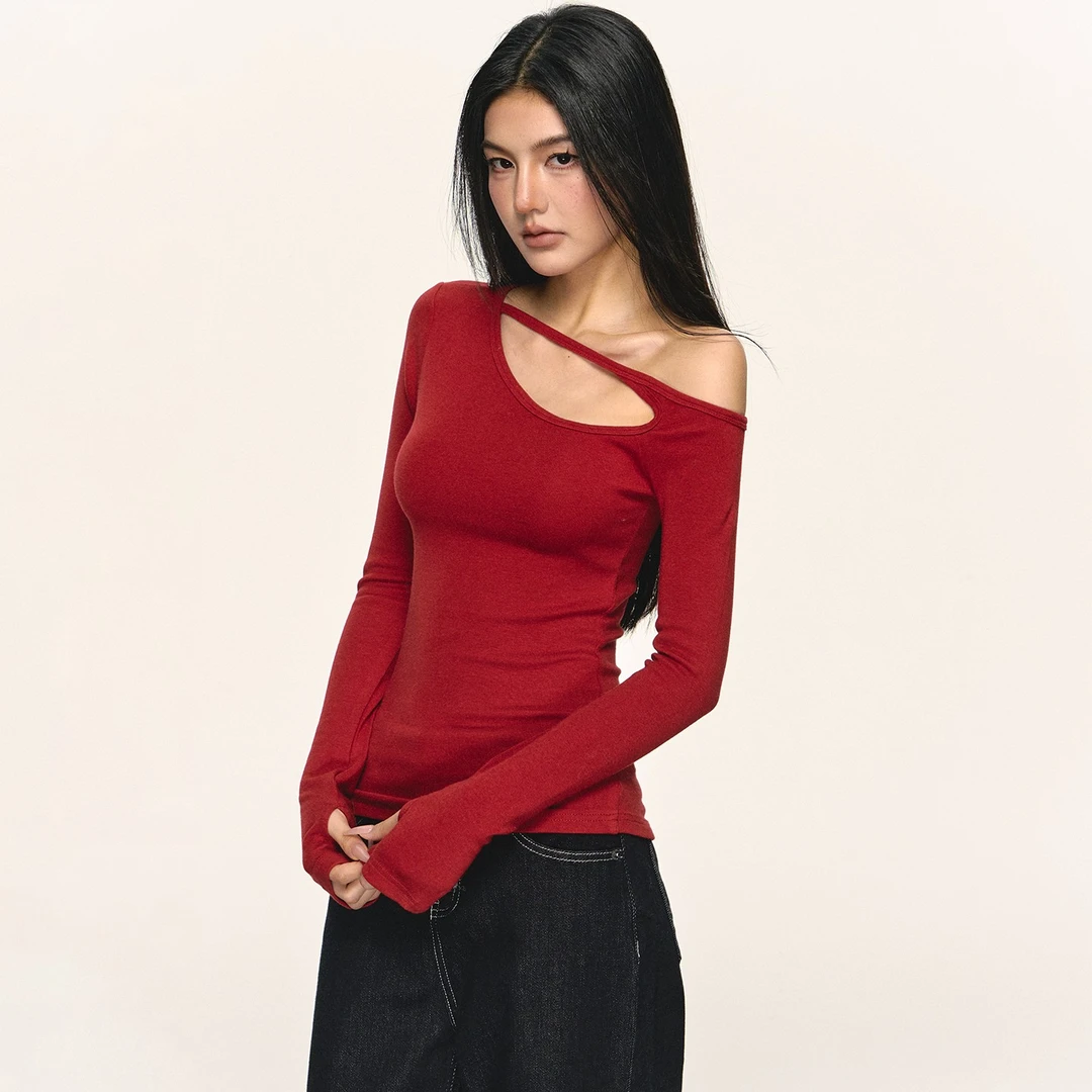 anna aneae镂空斜肩内搭打底衫女秋冬设计感辣妹修身显瘦长袖上衣