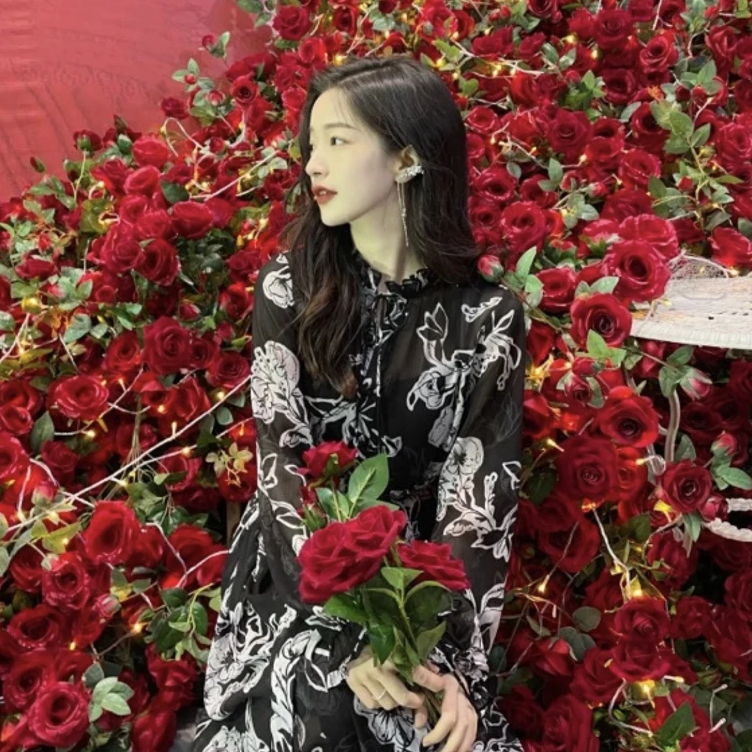 GIRDEAR/哥弟「暗夜玫瑰」印花气质显瘦优雅长袖女装连衣裙1500465