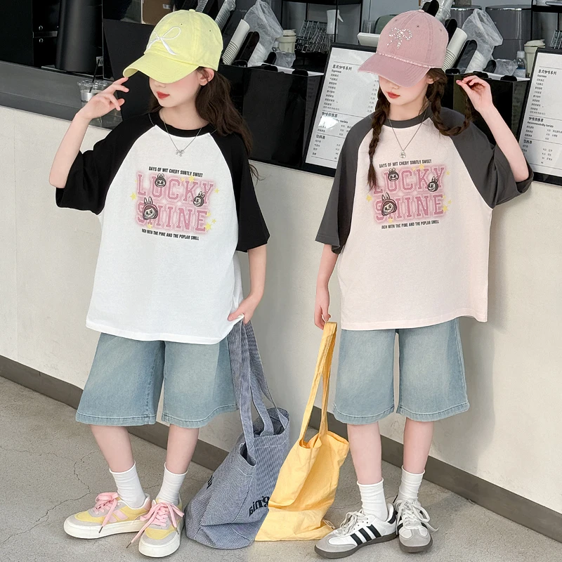 女童夏季短袖短裤套装2025新款儿童洋气韩版宽松休闲两件套中大童