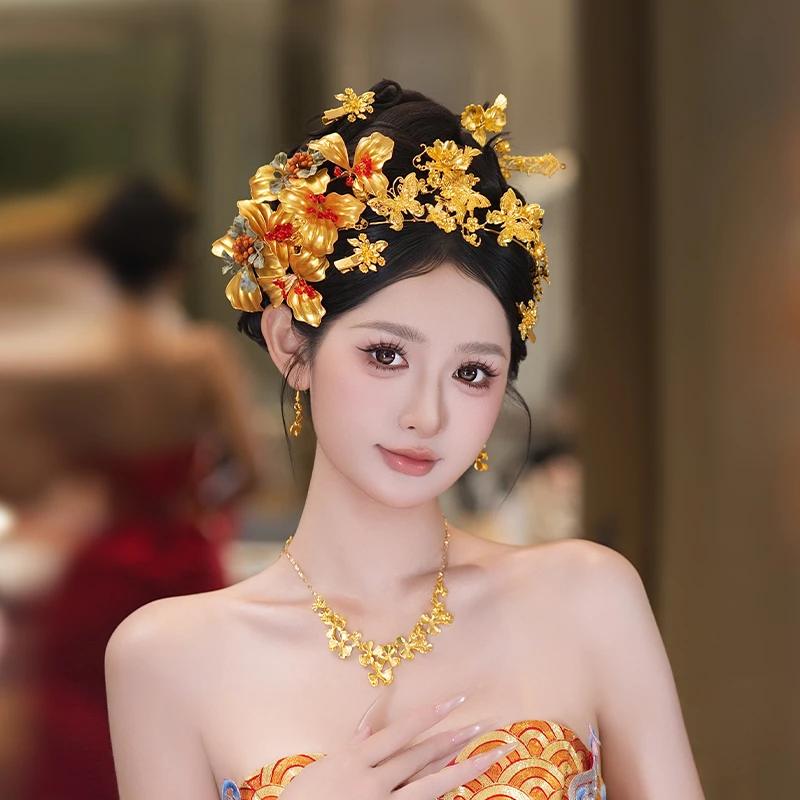合金婚庆饰品 新娘国风设计感金色花朵小众结婚订婚晨袍配饰8014