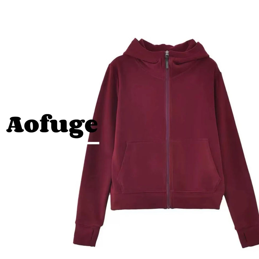 Aofuge25年秋冬新品华绒蚕丝羊毛连帽拉链卫衣女宽松长袖外套