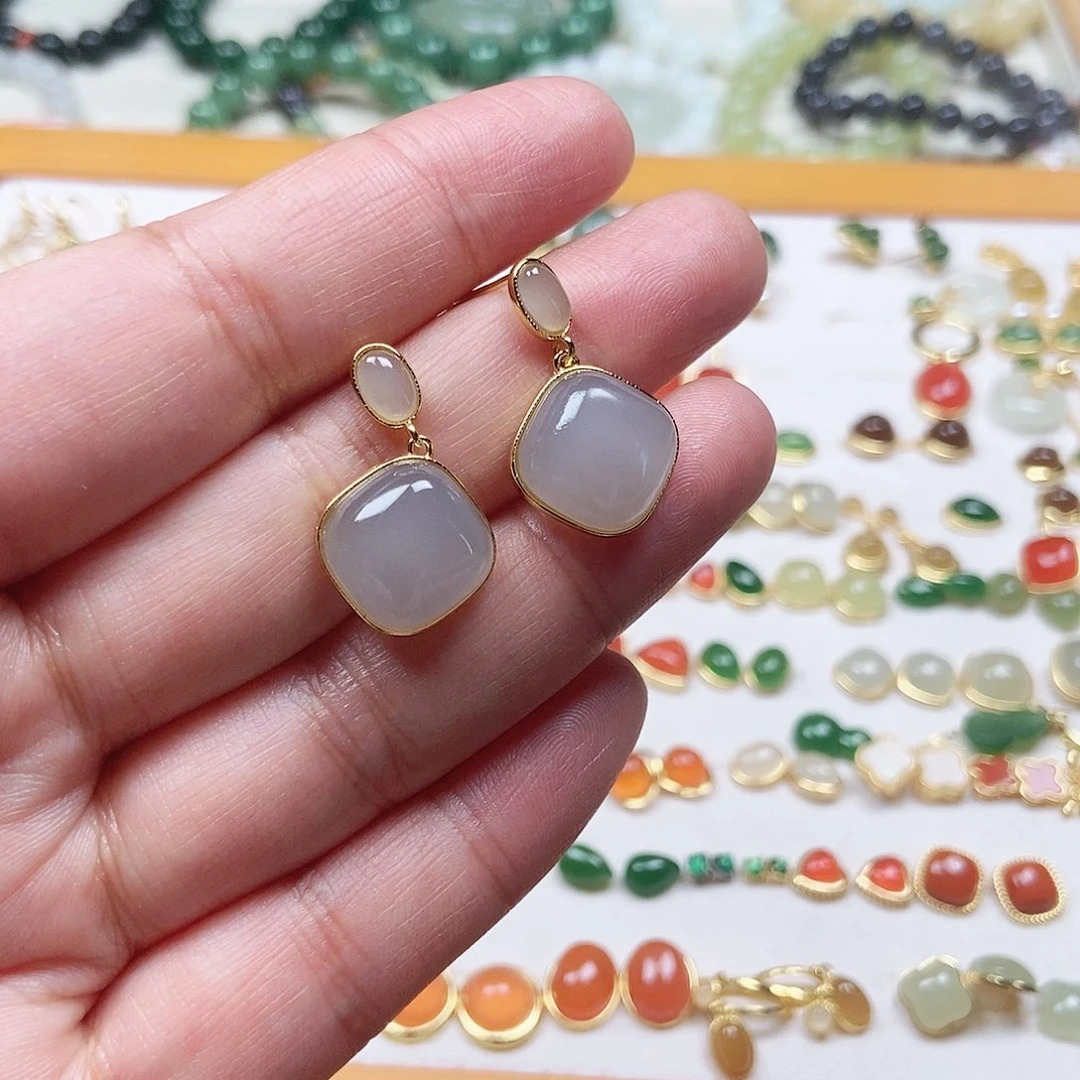 和田玉耳饰银S925镶嵌