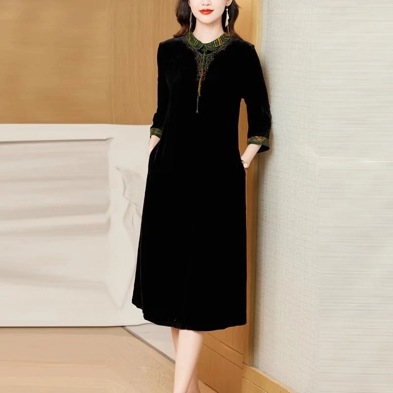 2025秋季真丝绒连衣裙新款时尚桑蚕丝金丝绒国风高贵洋气真丝丝绒