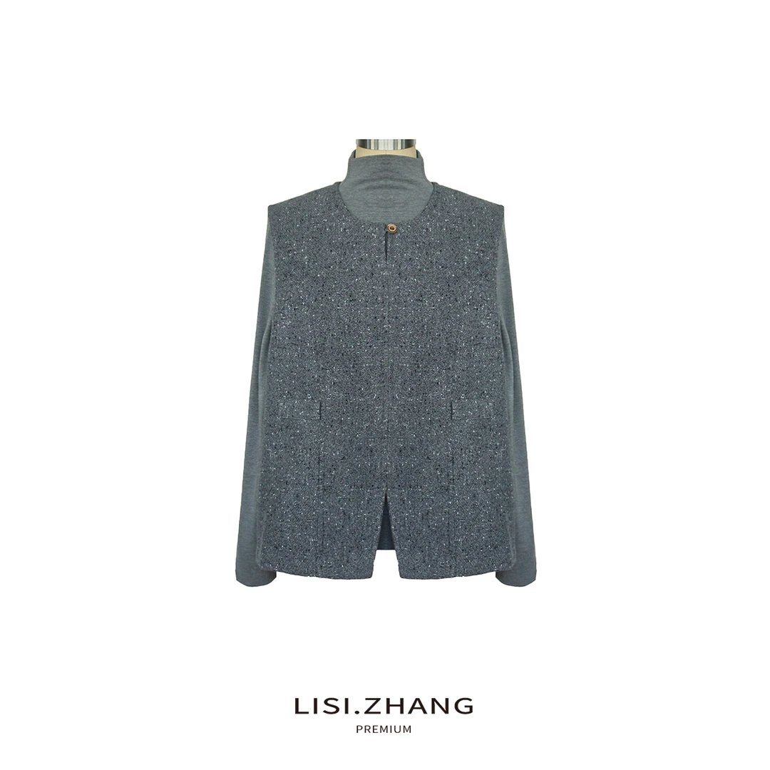 LISI.ZHANG--【T恤+马夹套装】纯色高领T恤开衩毛呢马夹时尚套装