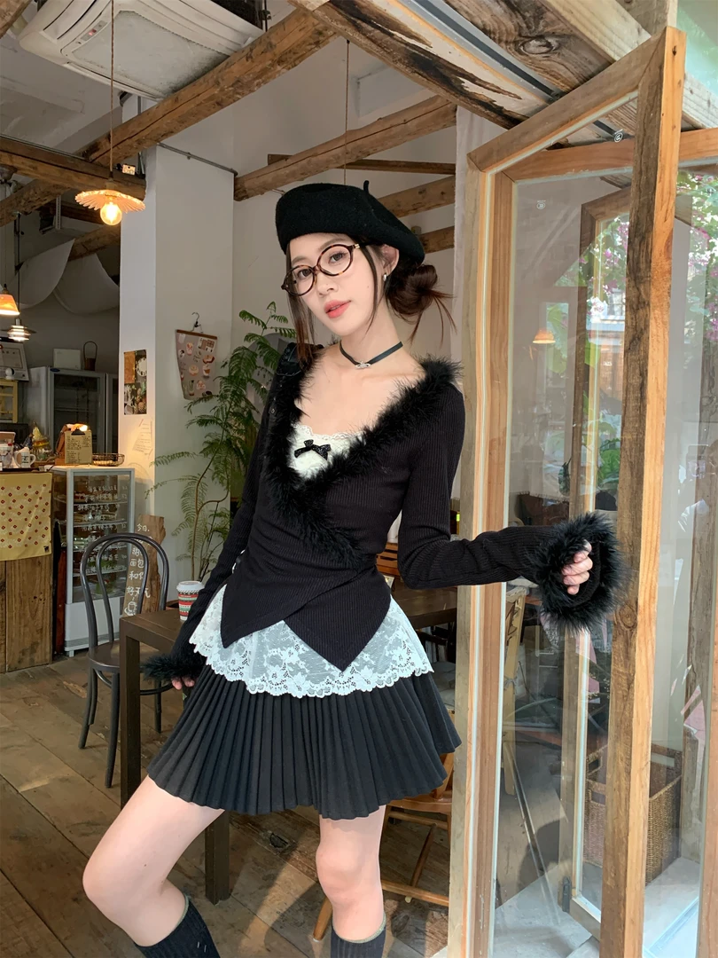 千金风氛围感毛毛V领开衫上衣女秋冬新款蕾丝吊带叠穿短裙三件套