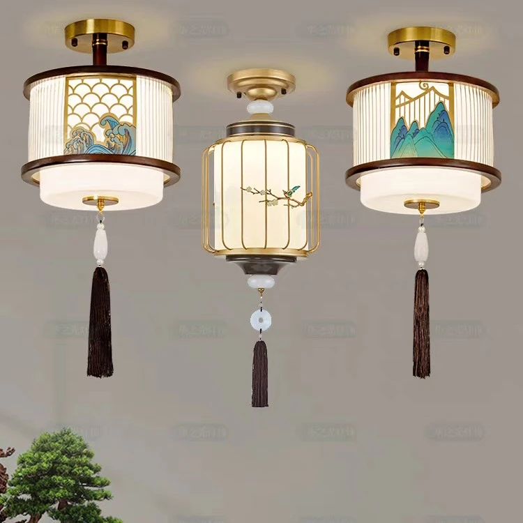 新中式实木过道灯灯饰玄关小吸顶灯新款全铜超亮入户门厅走廊吊灯