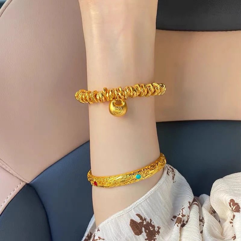 铜合金手链 铜合金金色手链气质小胖福盘缠手链女新款金色手串