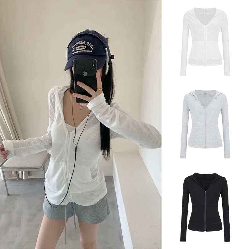 Moses Queen/魔西女王竹节棉薄款长袖防晒衫外套女夏连帽开衫上衣