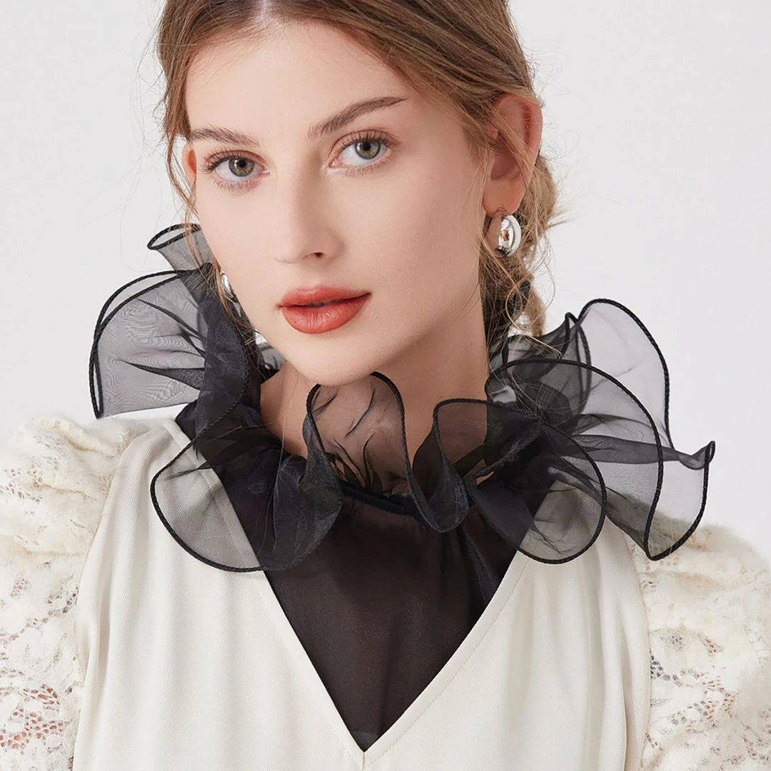 花苞荷叶边衬衫领假领子女假袖子套装装饰打底领黑白色欧根纱配饰