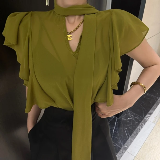 法式气质荷叶袖百搭飘带洋气黑色修身显瘦百搭时尚系带V领衬衫
