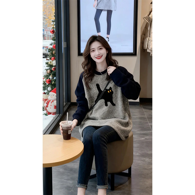 长袖t恤女秋冬加绒中长款遮屁股洋气打底衫鲨鱼裤的搭配上衣