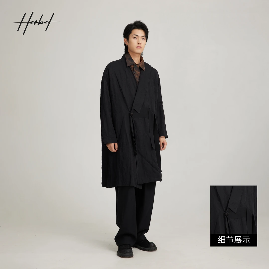 HERBEL/黑白早秋穿搭   男士时尚风衣潮流舒适宽松中长款潮1716
