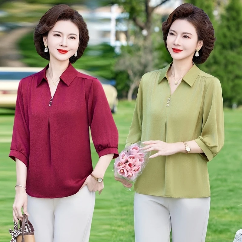 2025新款妈妈夏季洋气高贵七分袖打底小衫时尚中老年女装T恤上衣